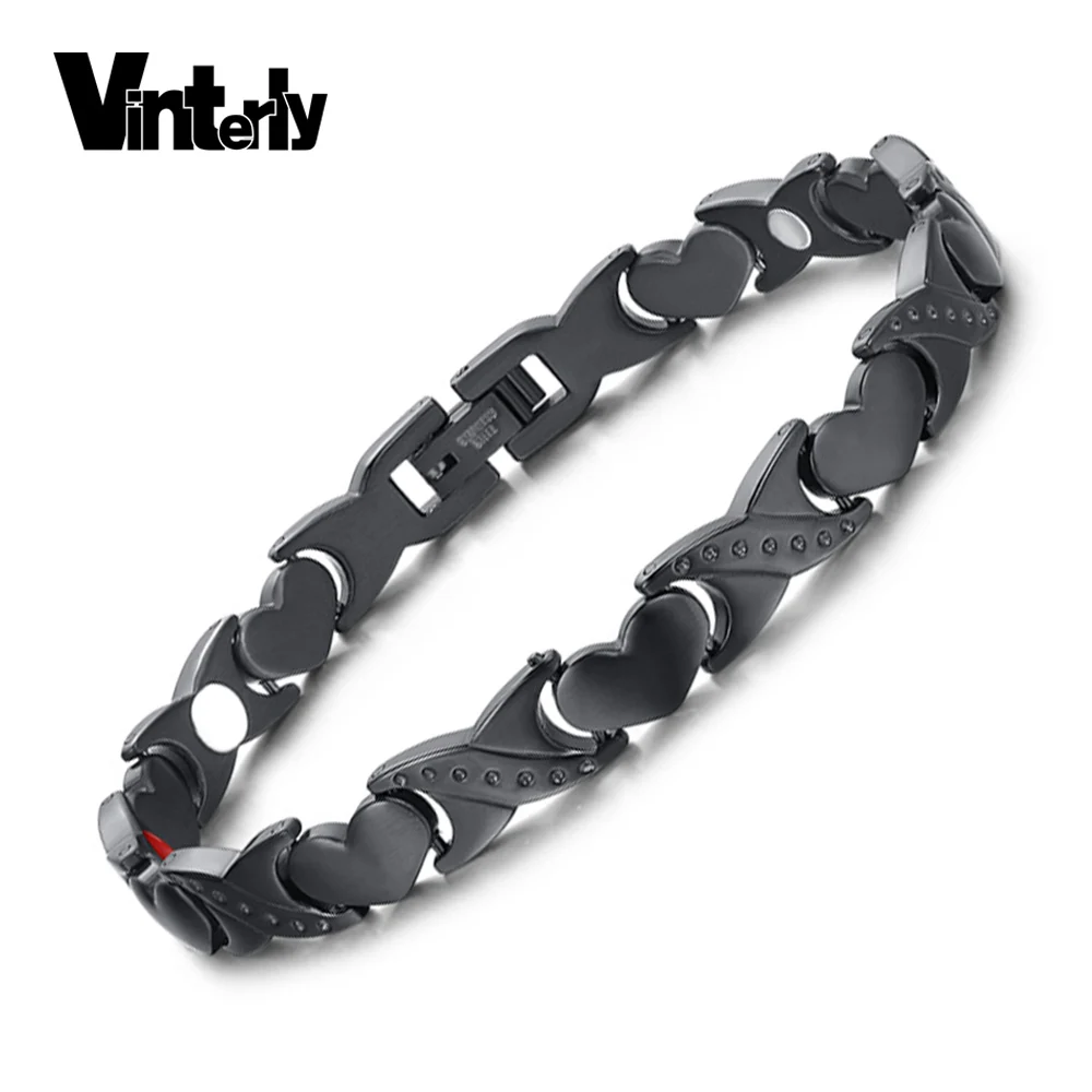 

Vinterly Black Heart Chain Bracelet Stainless Steel Magnstic Mens Bracelet Health Energy Germanium Bracelets Bangles for Lover's