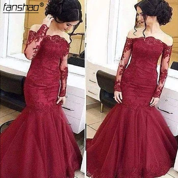 

Burgundy Mermaid Prom Dresses Off The Shoulder Lace Bodice With Long Sleeve Evening Dresses Vestido De Festa