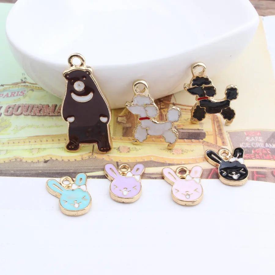 

New Design 50pcs/lot Alloy drop oil Gold Tone Animals Cartoon Bears/Pet Dogs/Rabbits Heads Shape Charms Diy Jewelry Pendants