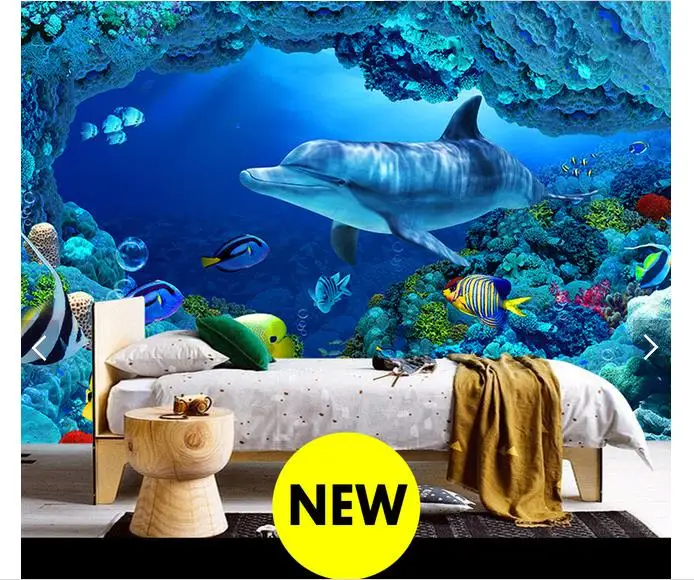 

Customized 3d photo wallpaper 3d wall murals wallpaper underwater world dolphin TV setting wall paper 3d living room wallpaper