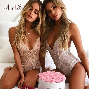 

ArtSu Sexy Lace Floral Bodysuit Women Mesh Patchwork Bodysuits Sleeveless Romper Mujers Strappy Bralette Jumpsuit ASJU60171