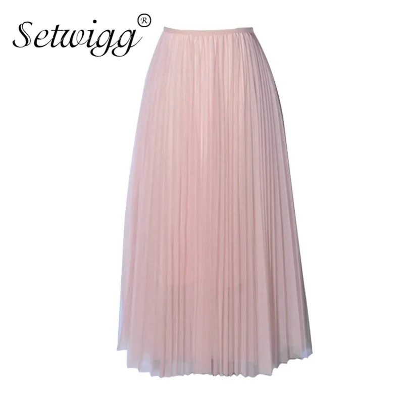 

SETWIGG Sweet Pink Layered Tulle A-line Long Pleated Spring Skirts Elastic Waist Puffy Mid-calf Skirts Summer SG5101