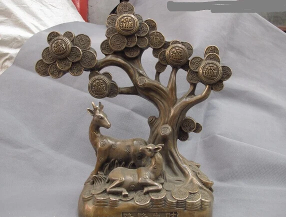 

shitou 001376 Chinese Copper Bronze Feng shui Lucky Wealth Two Sika deer Money Tree Statue discount 30% (C0324)