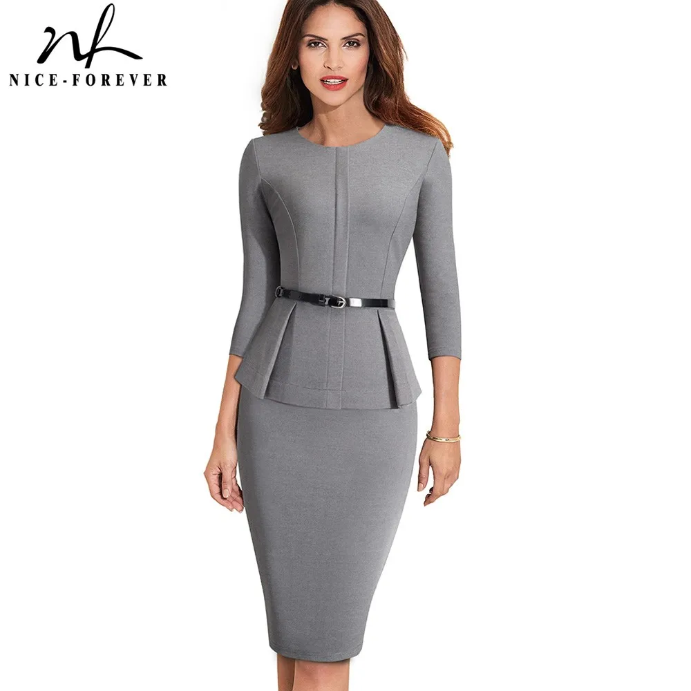 Cena Ładny na zawsze Vintage eleganckie nosić do pracy z paskiem Peplum vestidos Business Party Bodycon biuro kariera kobiety sukienka B473