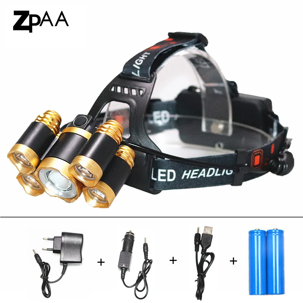 

High Power Rechargeable 15000Lm XML T6 LED Headlight Headlamp Head Lamp Light T6+R5 4 mode Torch Portable Hunting Fishing Light