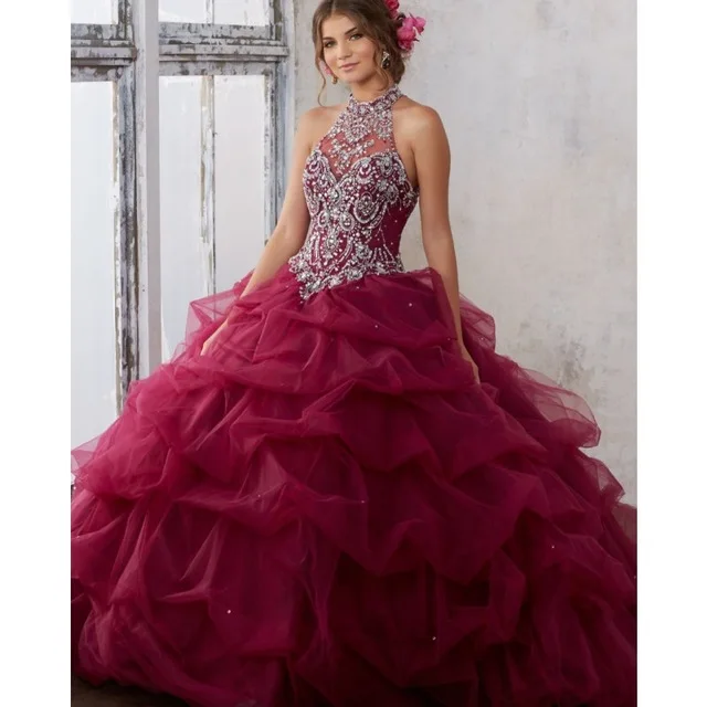 Бальное платье бордовые платья Quinceanera Пышная юбка из бисера Кристалл Формальные 15 лет недорогое платье для выпускного вечера - Цвет: Бежевый