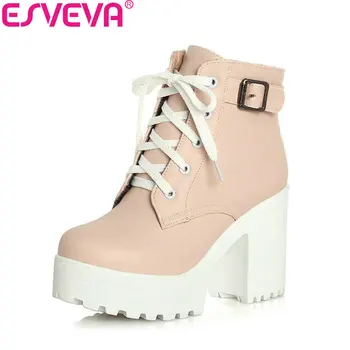 

Buckle Square High Heels Lace Up Ankle Lady Fashion Boots Round Toe Platform Short Plush Winter Women Shoes Size 33--43 Pink