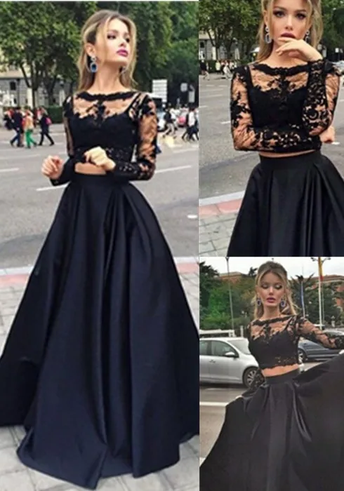 

Black Two Pieces Evening Dress 2016 Scoop Long Sleeve Lace Prom Dresses Top Graduation Dresses Long Prom Party Gown Custom made