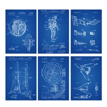 Винтажные запатентованные плакаты 6 в 1 космические художественные принты для детской космонавта космический костюм ракета спутниковый аэрокосмический корабль sapce диаграмма