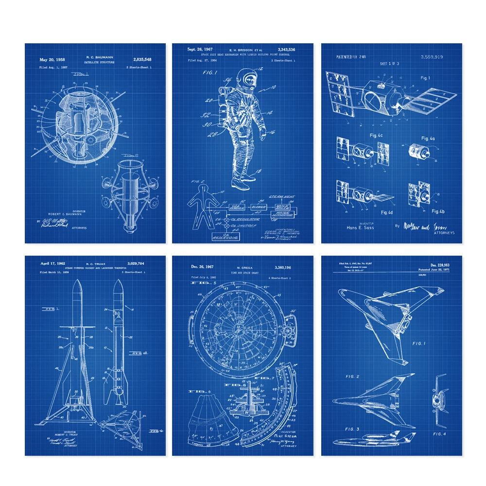 

Vintage Patent Posters 6 in 1 Space Art Nursery prints Astronaut space suit Rocket satellite aerospaceship sapce chart