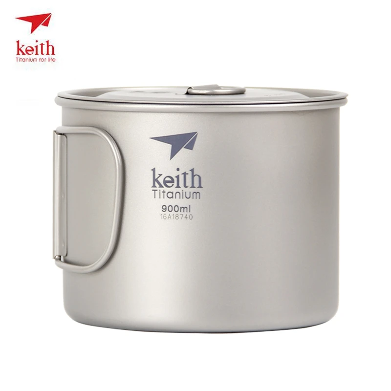 Keith 900 ml taza de titanio taza de agua portátil al aire libre Camping senderismo viajes vajilla titanio con tapa plegable mango Ti3209