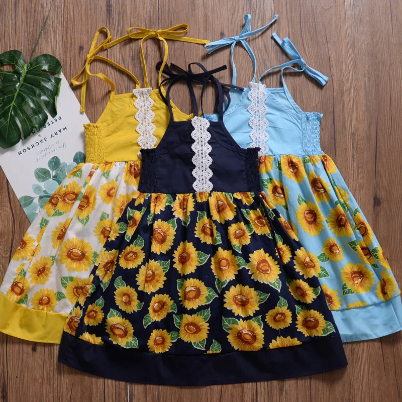 

Girls bohemian Dresses baby Sleeveless cotton Clothes Toddler Children Clothing sunflower Printed dress for 1-6age