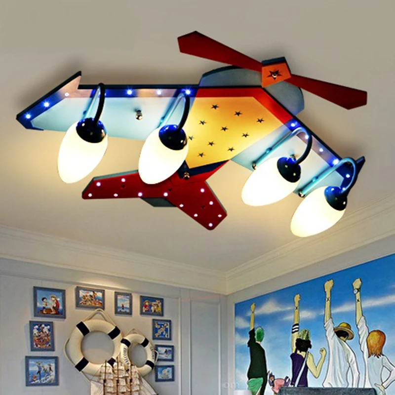 4 головки LED мультфильм самолет детская лампа стеклянные деревянные потолочные