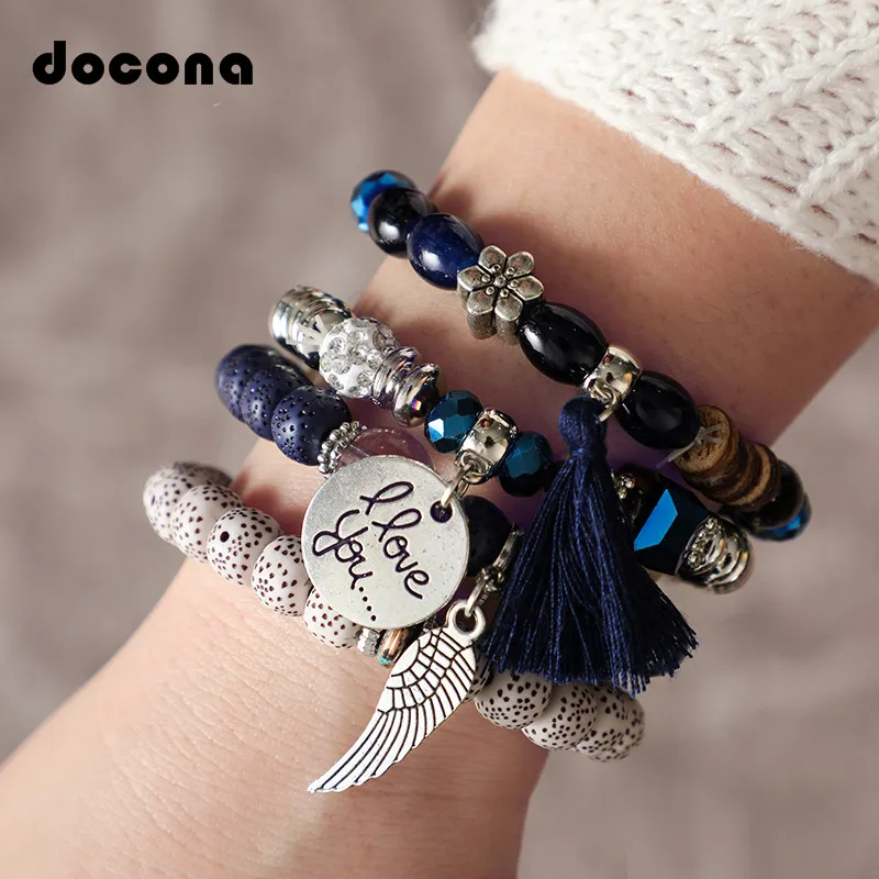 

Docona Bohemian Adjustable Flower Colorful Stone Beadeds Bracelets Wing Tassel Bracelet Set for Women Bracelet Bangle 6871