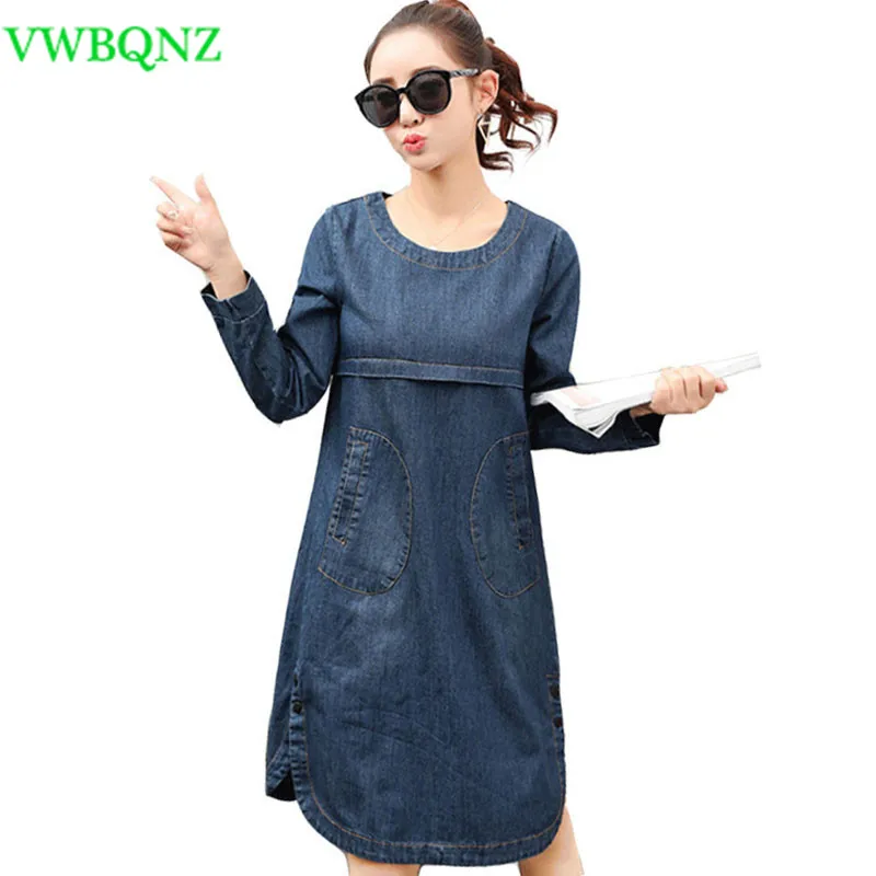 Женское джинсовое платье с круглым вырезом длинным рукавом|plus size dress|denim dressa dress |