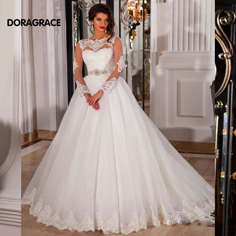 

Vestido de Noiva Applique Tulle Long Sleeve Wedding Dresses A Line Wedding Gowns DG0009