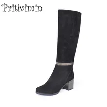 Г. Модные женские на толстом высоком каблуке длинные сапоги для девочек зима теплая подкладка дамские туфли из натуральной кожи обувь pritivimin FN58