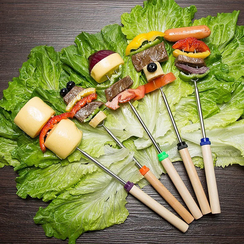 BBQ Grill Accessories Stainless Steel BBQ Skewers Flat Meat Outdoor Barbecue Accessories Tools Stretch Skewer Roasting Fork