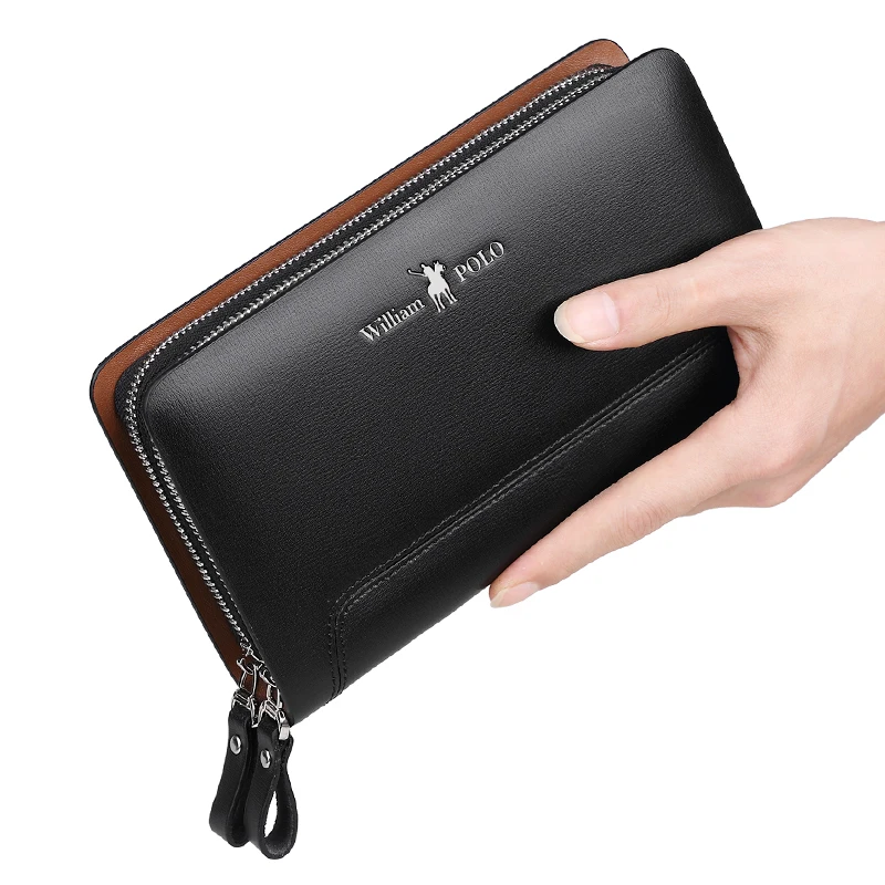 

WILLIAMPOLO Men wallets Real Leather Clutch Bag Men Europe and American Style Fashion Black Double zipper Clutch Bag PL188