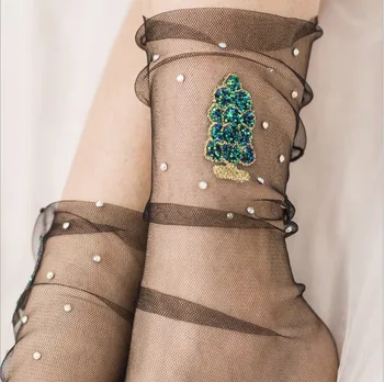 

Wholesale 60 Pairs Glitter Women Socks Grape Leaf Flower Sequins Mesh Socks Harajuku Soft Lady Socks Transparent Elastic Hosiery