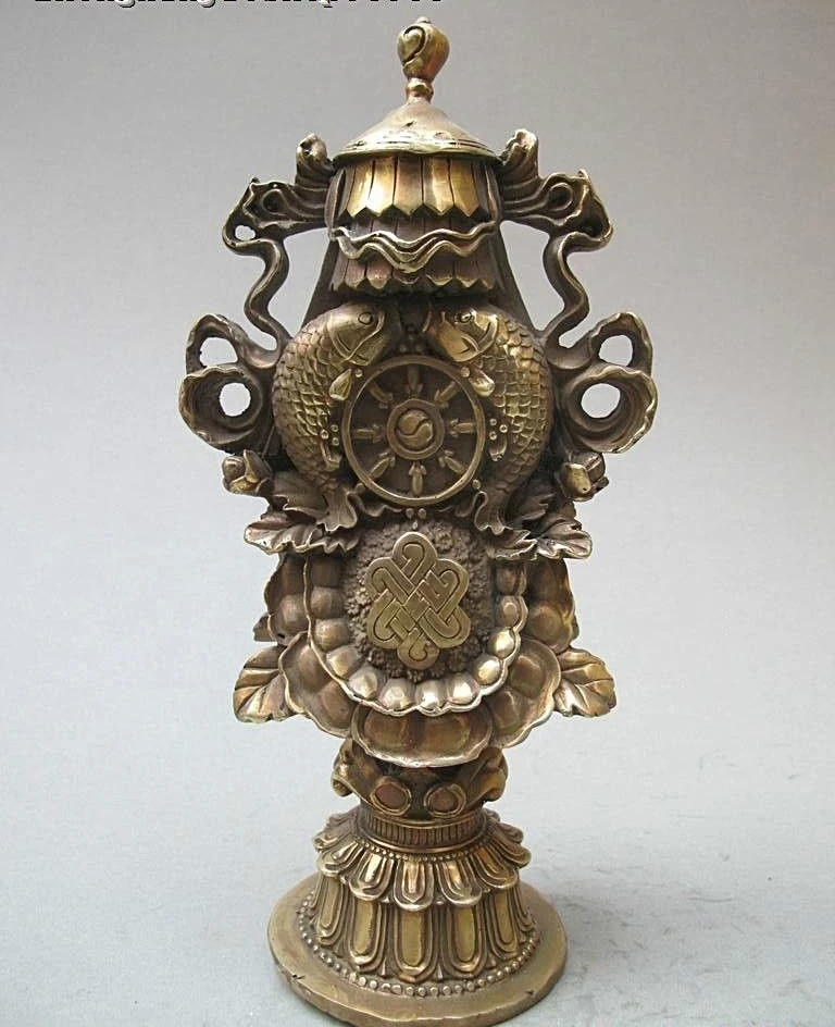 

Tibet Buddhism pure Brass carve Lucky Eight treasures Auspicious Fish Statue