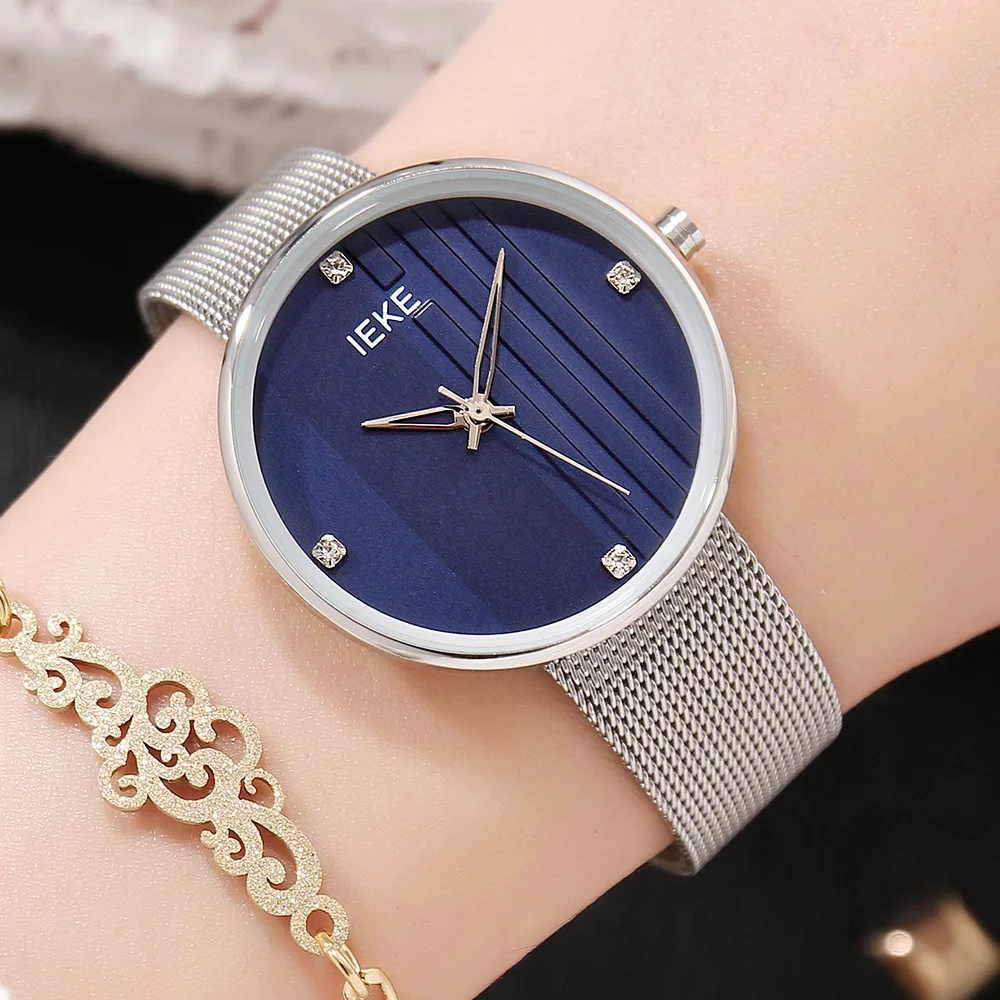 

IEKE Women Quartz Wristwatch Vertical Stripe Dial Decor Steel Mesh Braclelet Watches Lady Female Bangle Watch Reloj Mujer