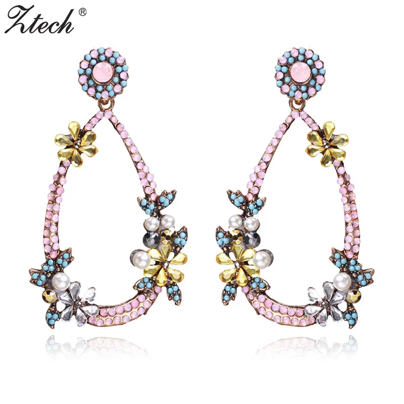 Ztech Luxury Crystal Bridal Big Earrings Plant Simulated pearl Wedding