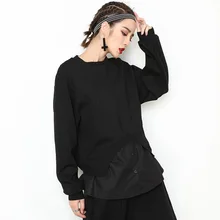 1434 Осенняя футболка «летучая мышь» с длинными рукавами, круглым вырезом, в стиле хип-хоп, с разрезом, из двух частей, женская черная свободная уличная футболка в стиле панк