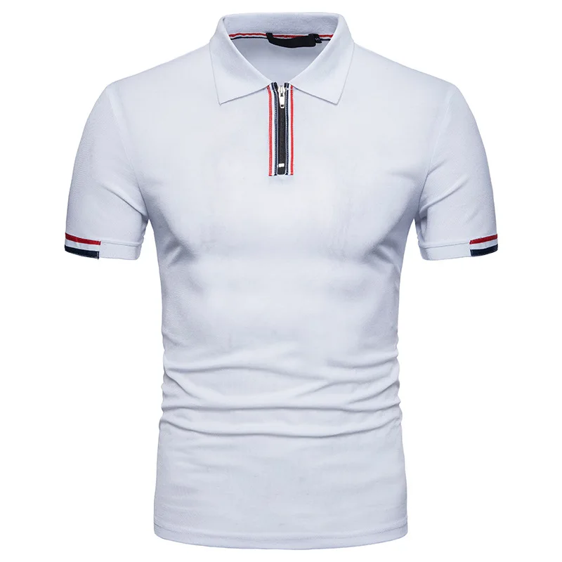 

New European large size men's summer splicing zipper lapel short-sleeved polo Solid color cotton fashion casual polo shirt