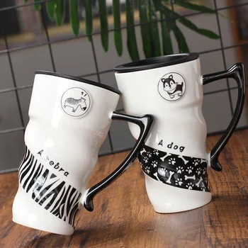 

Creative Thread Shape Coffee Mug Cute Cartoon Panda Cow Pattern Milk Cup Tumbler Ceramic Mugs With Lid Porcelain Tea Cups