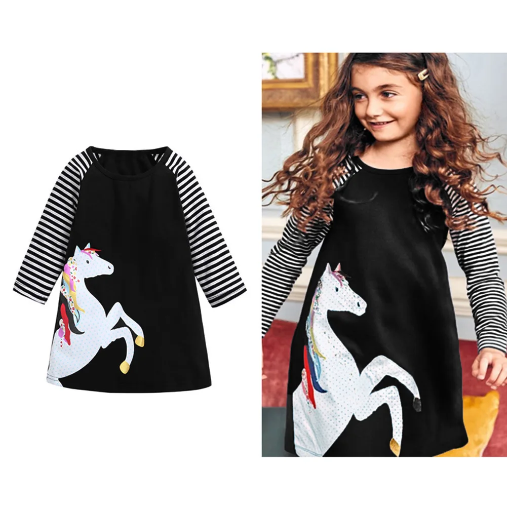 

Pretty Unicorn Print Stripes Long Sleeves Dress for Girls