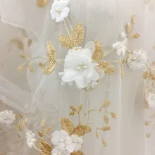 1 ярд 3D Жемчужный Цветок Кружево Ткань в золото двор для платье с цветочным узором для девочек, 3D цветочной аппликацией жемчуг для Виктория Платье