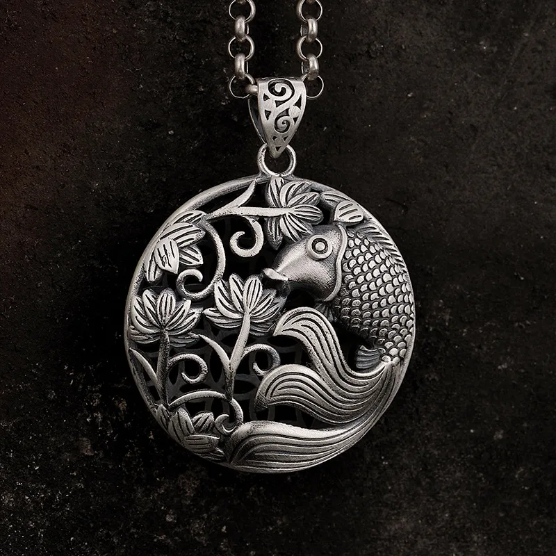 

990 Sterling Silver Pendant Retro Antique Fish Pendant Gifts For Women Lotus Carving Round Shape Fine Jewelry Pendulo