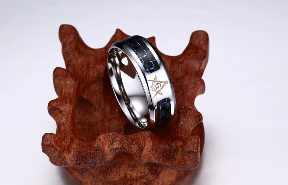 Meaeguet крутые кольца из голубого углеродного волокна с инкрустацией масонской формы для мужчин из нержавеющей стали со скошенным краем обручальное кольцо полосы США размер 4-12