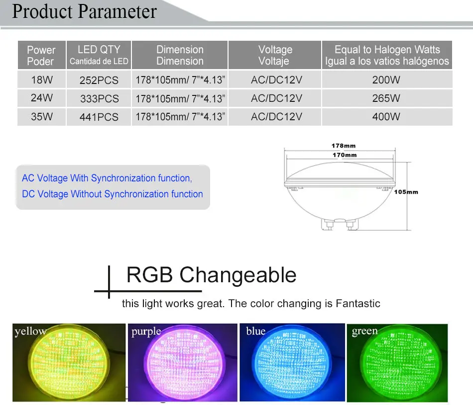 Hotaked Underwate Lights PAR56 Светодиодная лампа для бассейна RGB из нержавеющей стали Piscine IP68