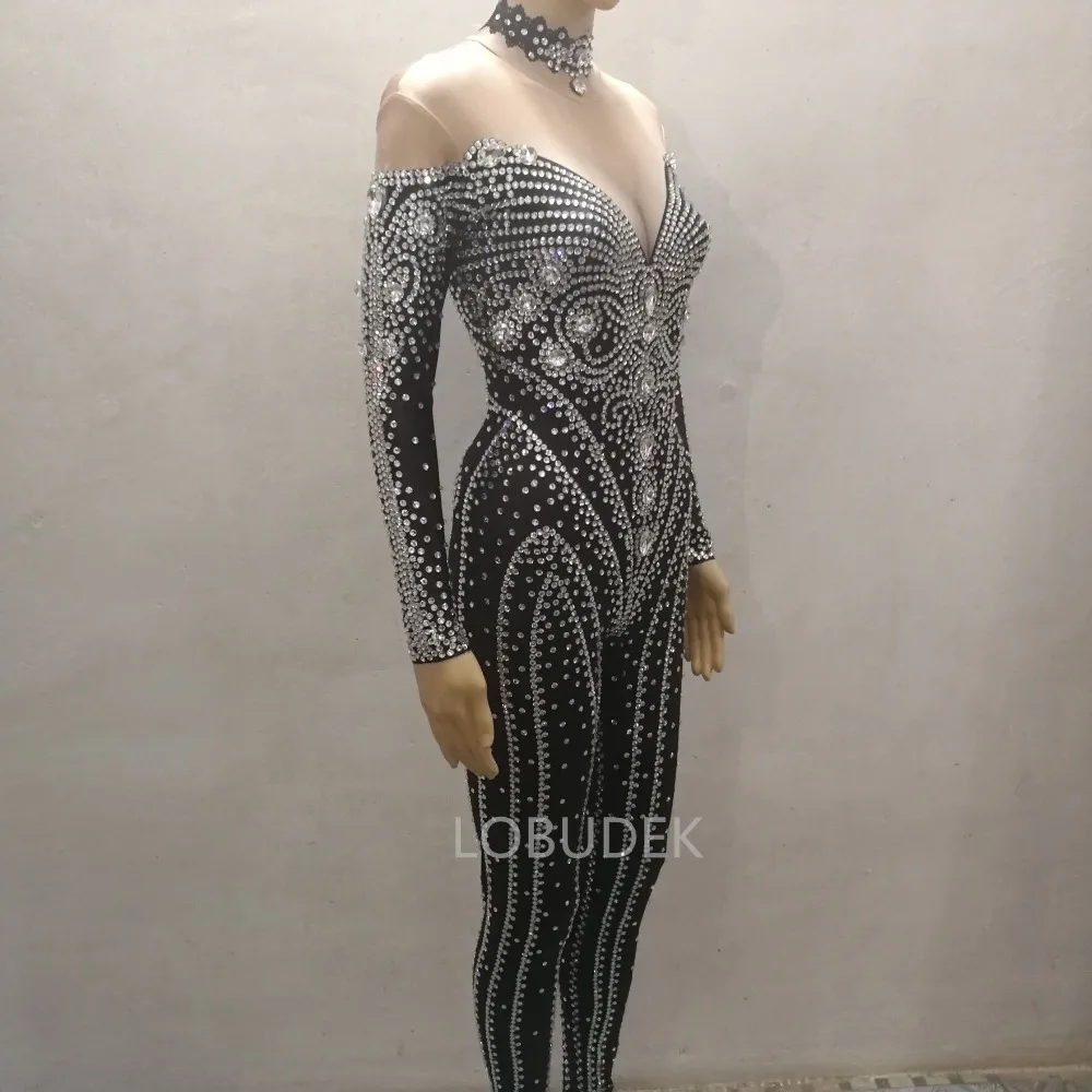 Черный женский комбинезон Zentai Стразы боди с кристаллами женская одежда для