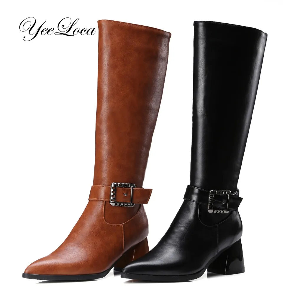 

Leather Knee High Riding Boots Woman Winter Warm Square Heels Short Plush Motorcycle Boots Lady Buckle Zip Elegant Comfortable