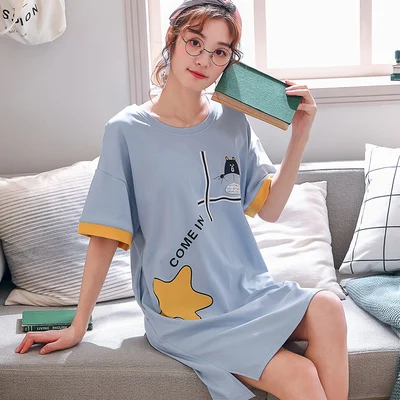 w1912 blue star Ночное Платье женское летнее корейское хлопковое платье с короткими рукавами для сна плюс размер Студенческая свободная Милая женская домашняя одежда Топы f1177 - Цвет: w1912 blue star
