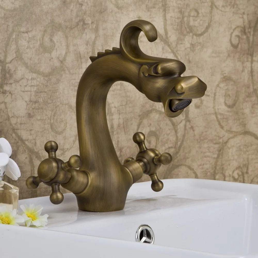 

Antique Brass Dragon design water mixer bathroom Faucet.Dual clawfoot handle Wash basin faucet. Thermostatic faucet DR-002.