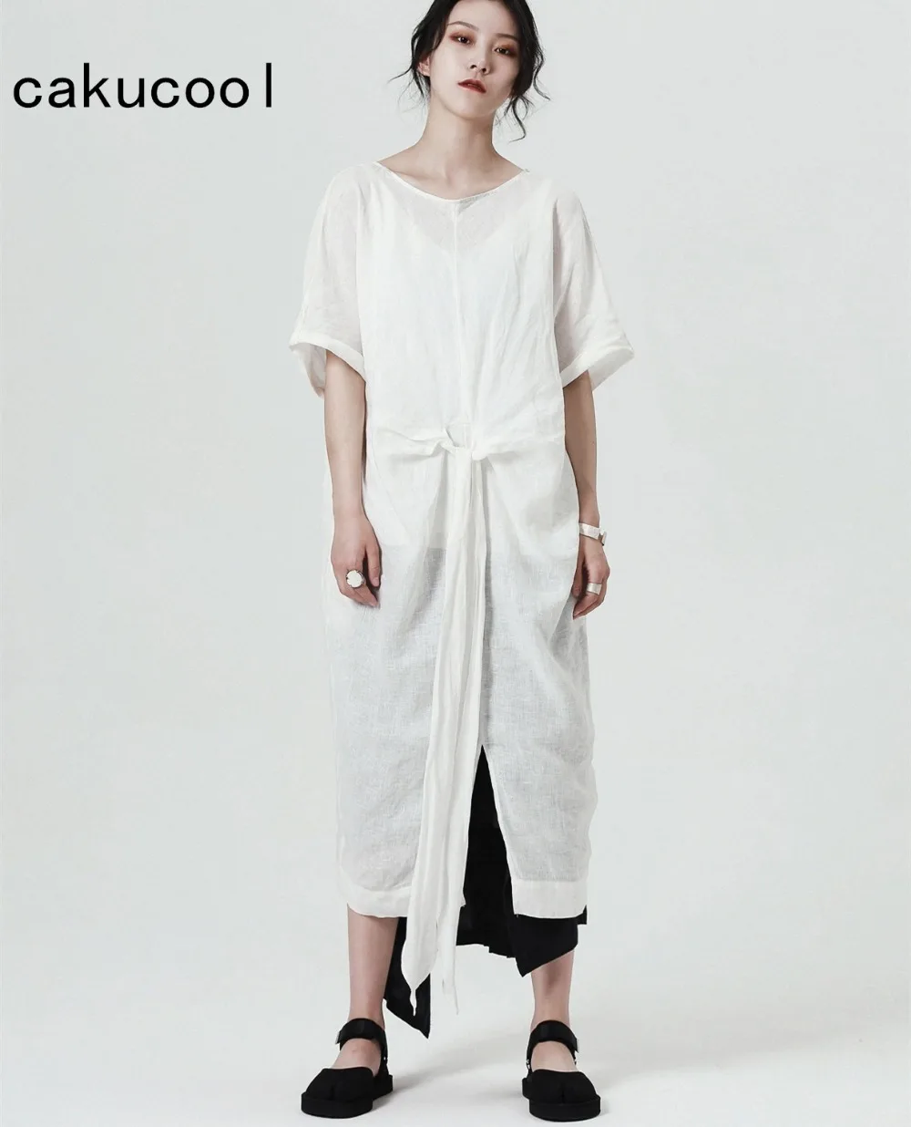 

Cakucool New Summer Short Sleeve Dress Normcore Loose Oversize Linen Vestido Sashes Gothic Japan X Long Plus Dresses Black White