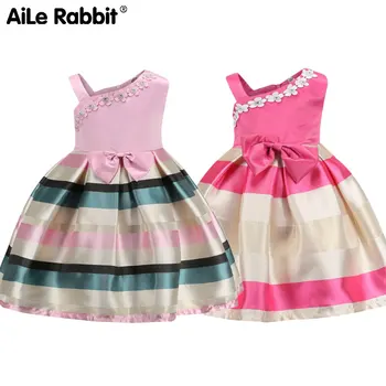 

AiLe Rabbit New Summer 2019 Pearl Flower Dress of The Girls Single Shoulder Straps Horizontal Stripes Dress Children's Clothes
