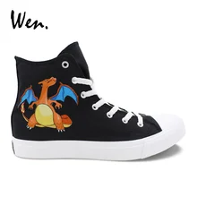 Вэнь мультфильм анимация Покемон Charizard ручная роспись парусиновые кроссовки для мальчиков и девочек косплей обувь черные плимсоллы Высокая помощь Zapatos