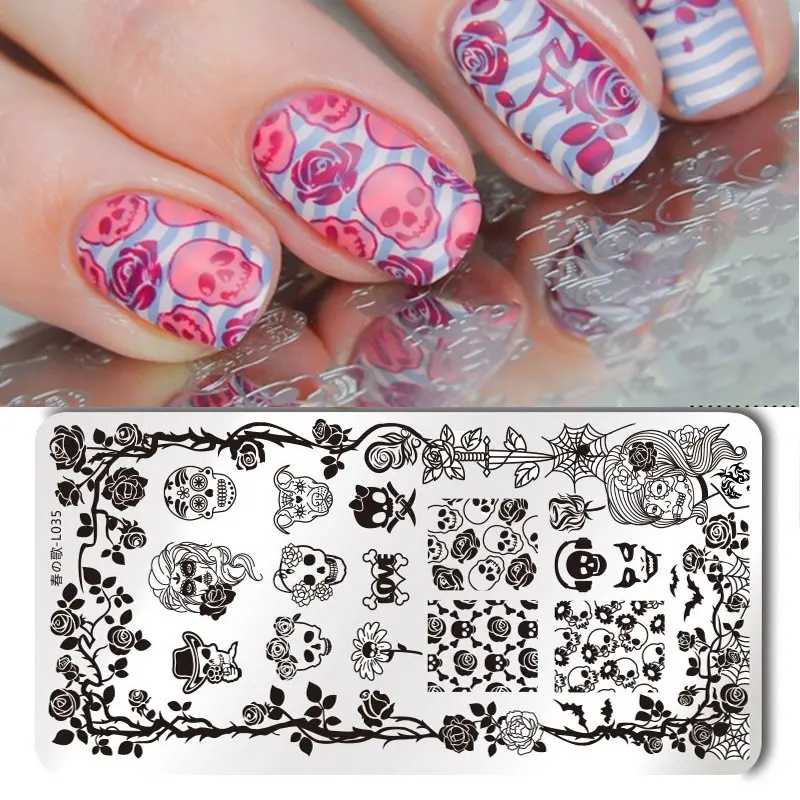 

Harunouta L035 Nail Art Stamping Plates 12*6cm Rectangle Flower Skull Nail Art Stamping Image Plates Nail Art Tools