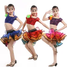 Стиль, костюмы для латинских танцев для девочек, сексуальное кружевное с короткими рукавами, топ+ юбка, комплект из 2 предметов для латинских танцев для девочек, костюмы для латинских танцев