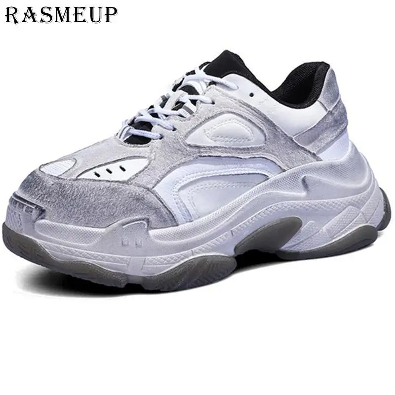 RASMEUP/женские массивные кроссовки из натуральной кожи; коллекция года; Ретро стиль; модная женская обувь на платформе для папы; винтажные женские и мужские кроссовки размера плюс - Цвет: Белый