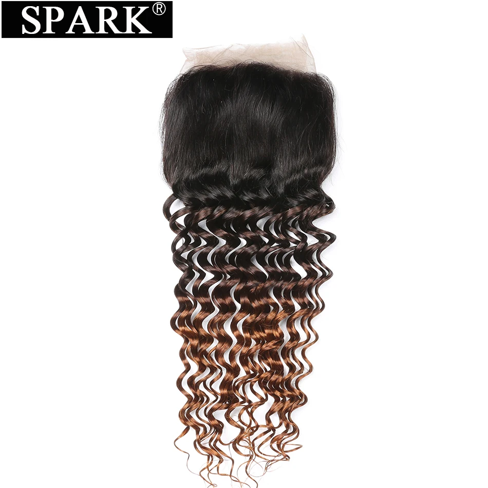 Spark Hair Ombre Brazilian Deep Wave 13x4 Lace Frontal Closure Weave Free Part Deep Curly Remy Human Hair Closure 1B/4/30 Color