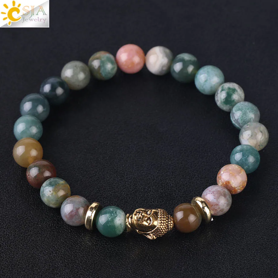 

CSJA Ethnic Indian Onyx Bracelet Natural Stones Monkey King Lion Bull Bracelets Antique Copper Gold Color Women Men Bangle F425