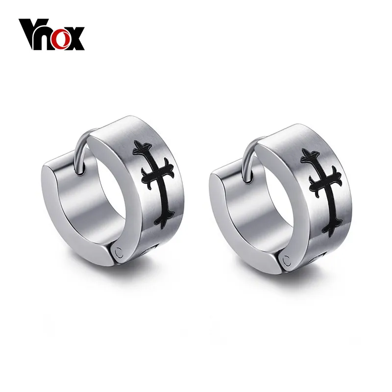 

Vnox Cross Stainless Steel Hoop Earrings for Men Silver color Punk Small Earings Jewelry