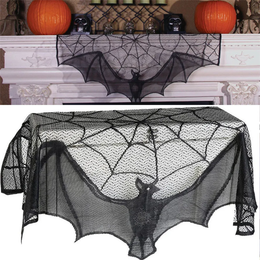 Halloween Black Lace Table Cloth Spiderweb Fireplace Mantle Scarf Cover Decor