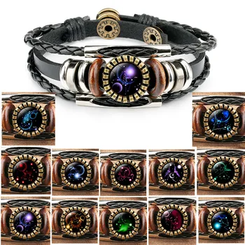

12PCS/Lot Horoscope twelve Constellation Charms Bracelets Bohemia Leather Bracelet For Women Men Nice Gifts Free Shipping